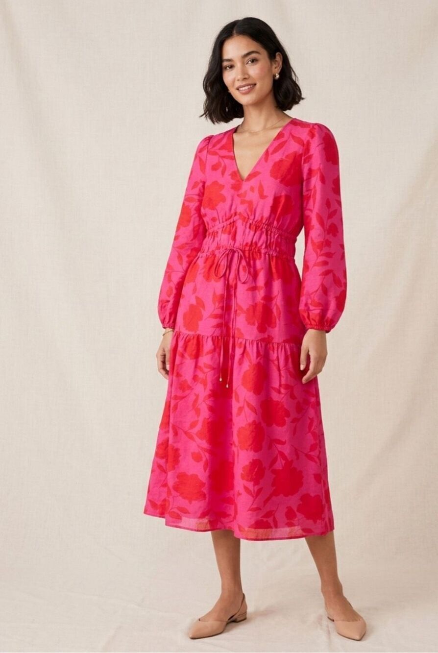 Kate Spade x Target Linen Blend Floral Print Long Sleeve Dress Size XS